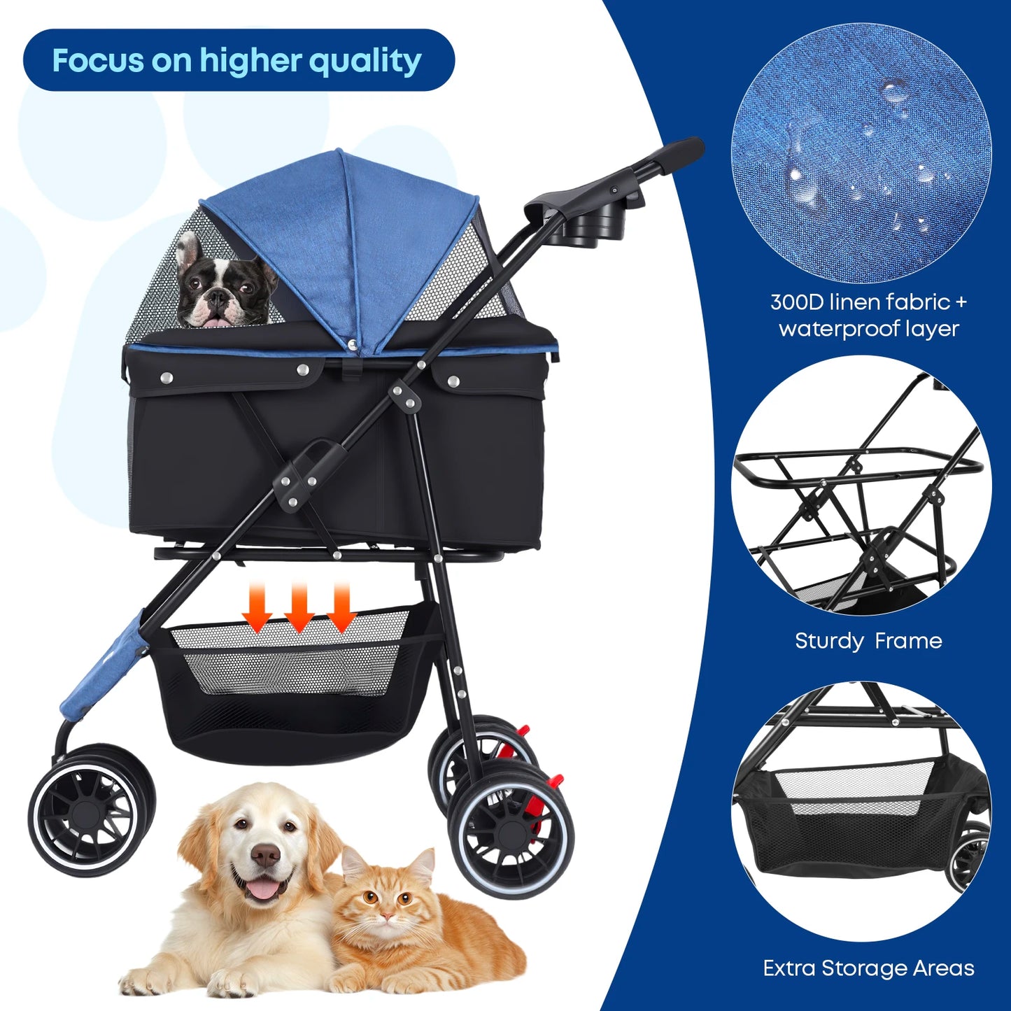3 Wheels Pet Stroller Dog And Cat Strollers Storage Basket And Cup Holder For Small Pets Outdoor Walk