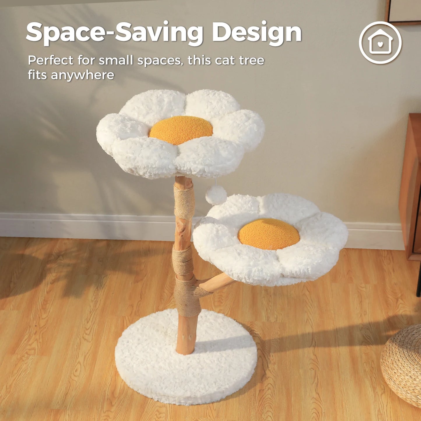 Modern Cat Tree Tower with Natural Solid Wood Scratching Posts Spacious Wicker Basket Luxury Cat Condo Bed for Indoor Cat Toys