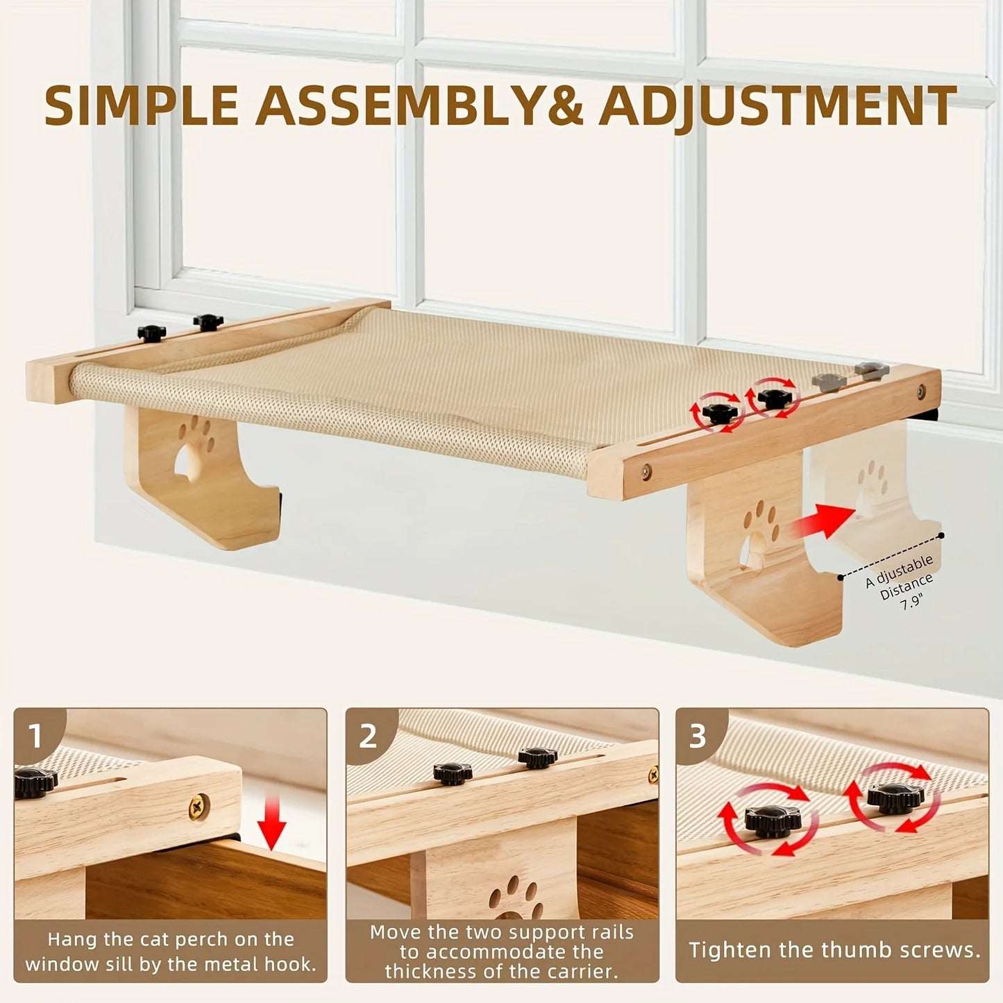 Cat Window Sill, Cat Window Hammock, Suitable for Indoor Cats, Wooden and Metal Frame, Easy to Adjust Window Sill, Bedside