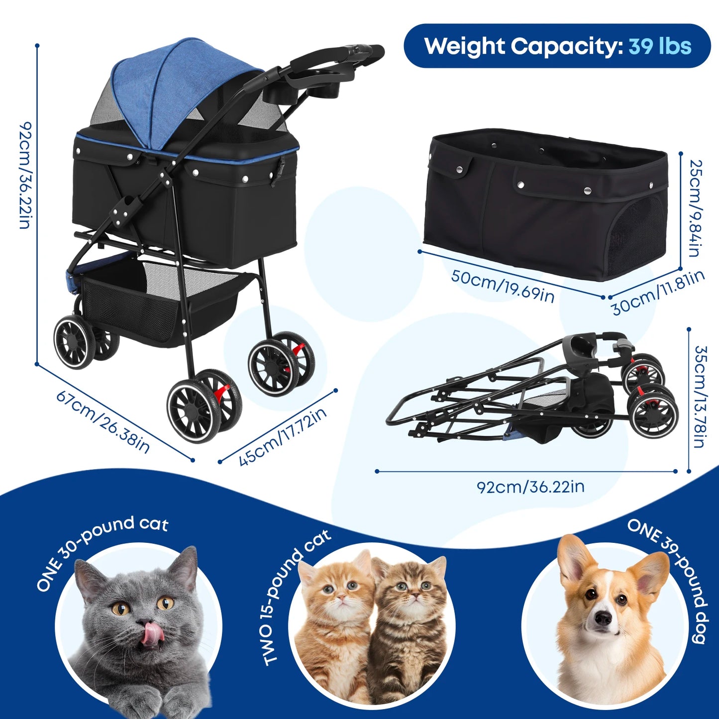 3 Wheels Pet Stroller Dog And Cat Strollers Storage Basket And Cup Holder For Small Pets Outdoor Walk