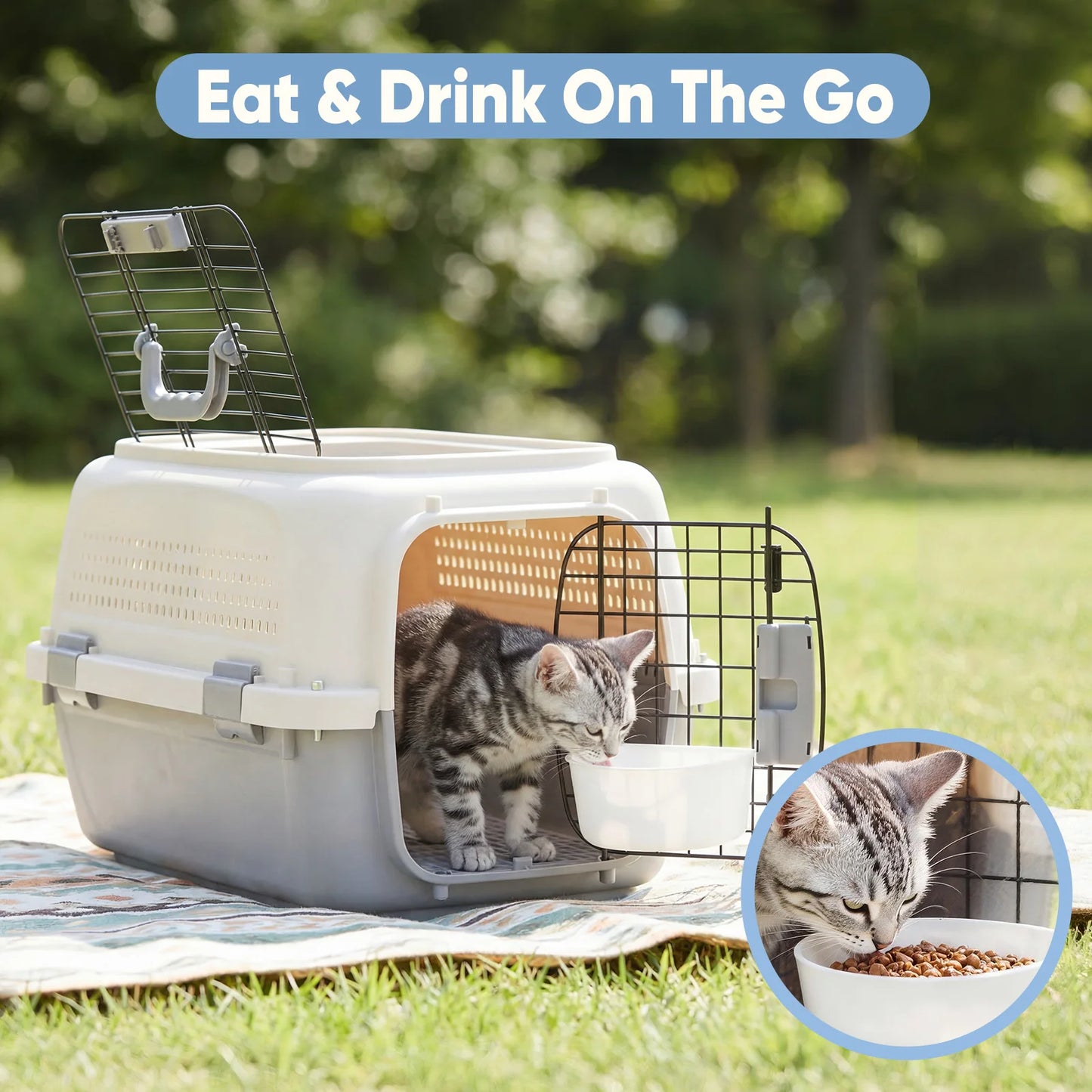 JHK 23Inch Pet Carrier for Small Dogs Cats  Front Top Load Wire Door Food Bowl Travel Crate with Enhanced Security Latchesfor