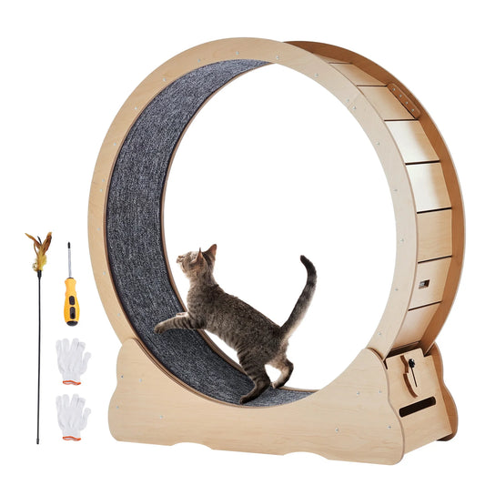 SucceBuy Wooden Cat Exercise Wheel Large Cat Treadmill Wheel for Indoor Cat Running Wheel with Detachable Carpet& Cat Teaser
