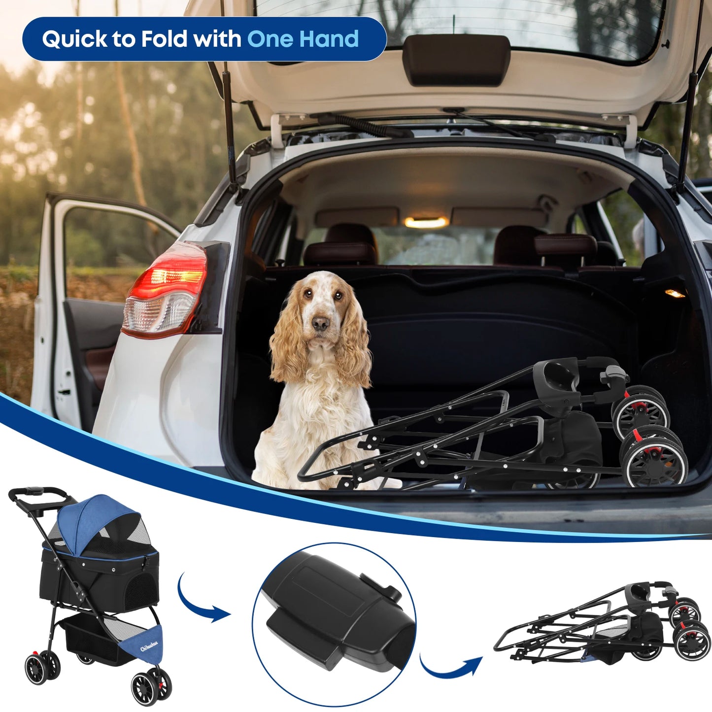 3 Wheels Pet Stroller Dog And Cat Strollers Storage Basket And Cup Holder For Small Pets Outdoor Walk